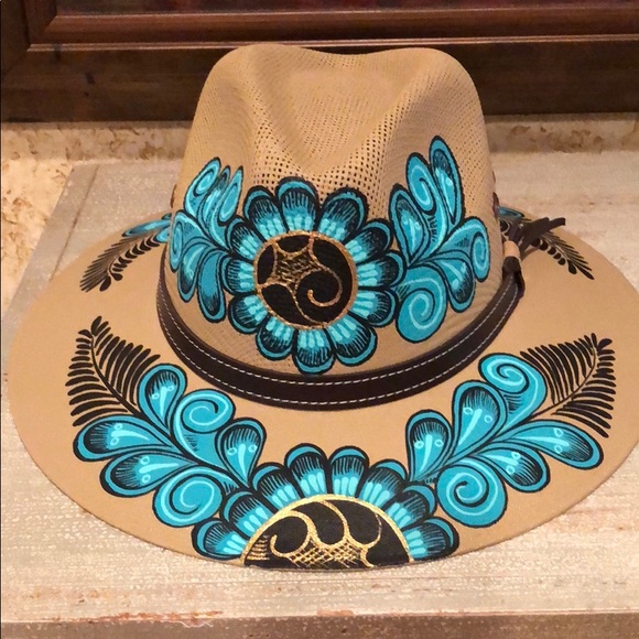 Hand Painted Tan/Teal Artistic Medium vacation Hat